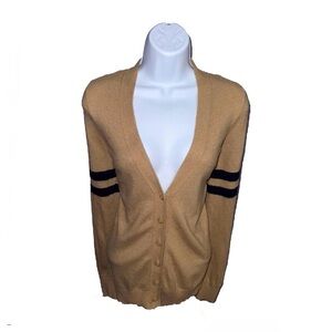J Crew Tan Cardigan Sweater with Navy Stripes